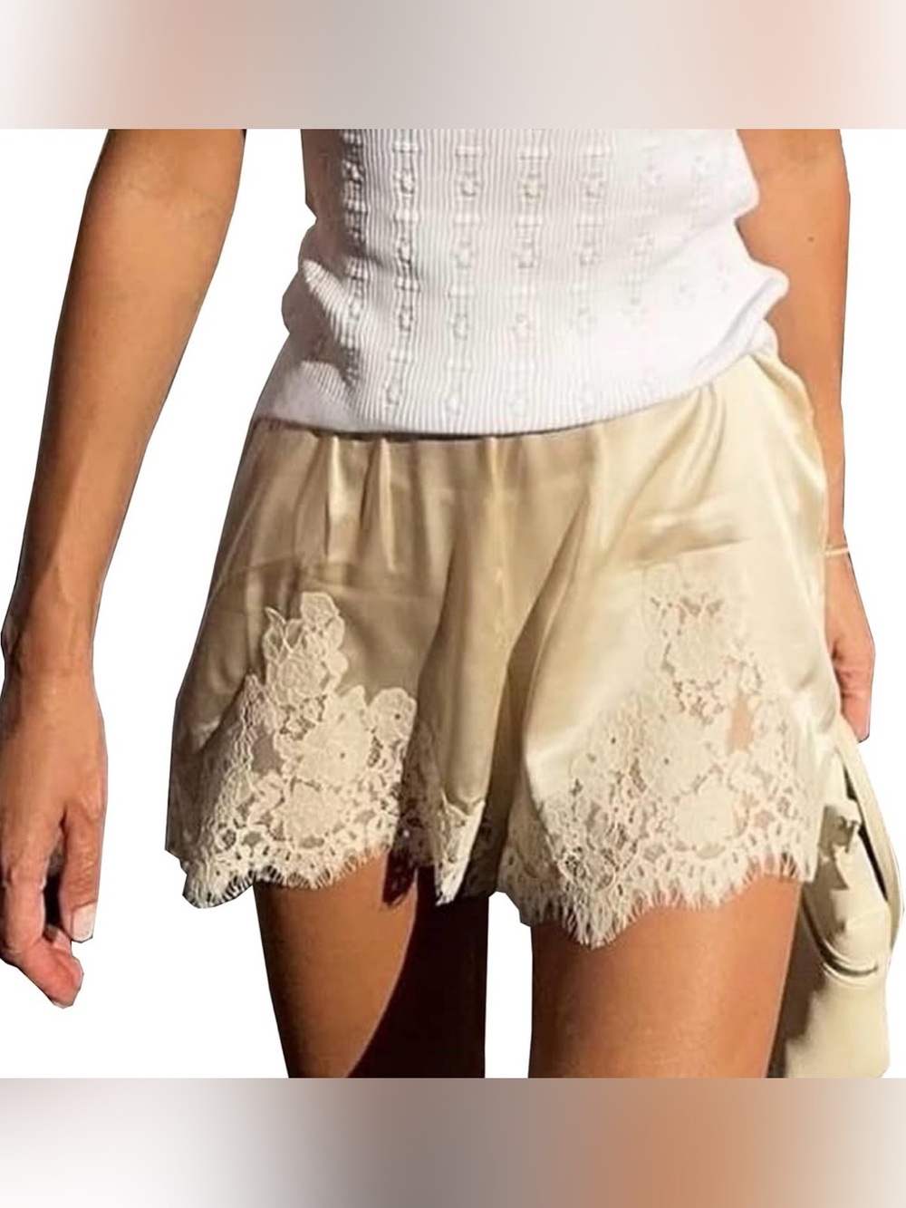 Silk-Look Lace Trim Shorts - Champagne